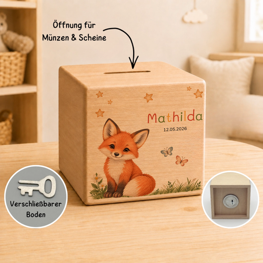 Personalisierte Holzspardose mit Fuchs, Name & Datum Little Mathilda Little Mathilda Spardose