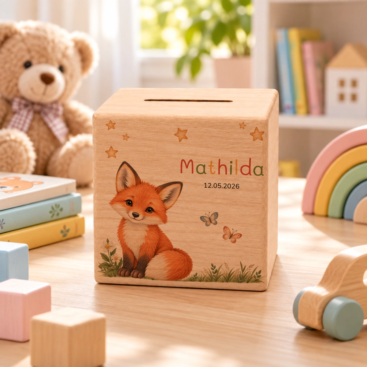 Personalisierte Holzspardose mit Fuchs, Name & Datum Little Mathilda Little Mathilda Spardose