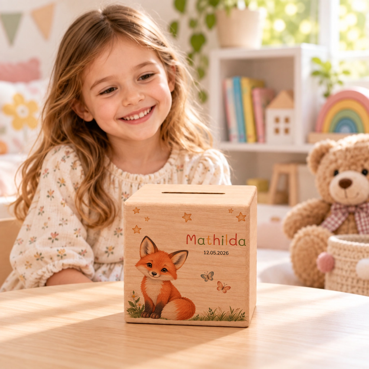 Personalisierte Holzspardose mit Fuchs, Name & Datum Little Mathilda Little Mathilda Spardose