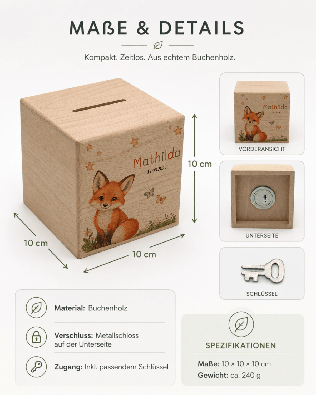 Personalisierte Holzspardose mit Fuchs, Name & Datum Little Mathilda Little Mathilda Spardose