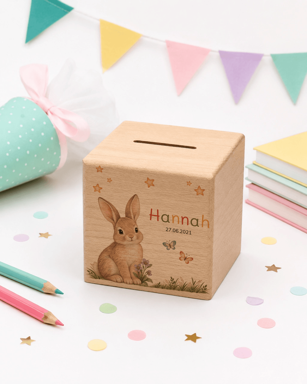 Personalisierte Holzspardose mit Hase, Name & Datum Little Mathilda Little Mathilda Spardose
