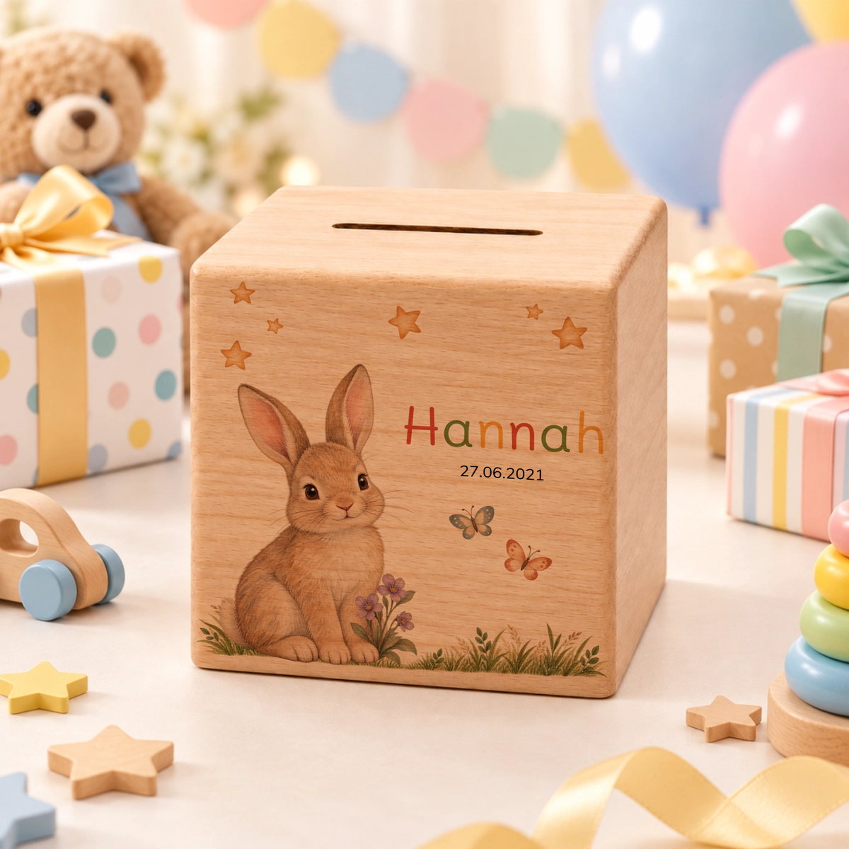 Personalisierte Holzspardose mit Hase, Name & Datum Little Mathilda Little Mathilda Spardose