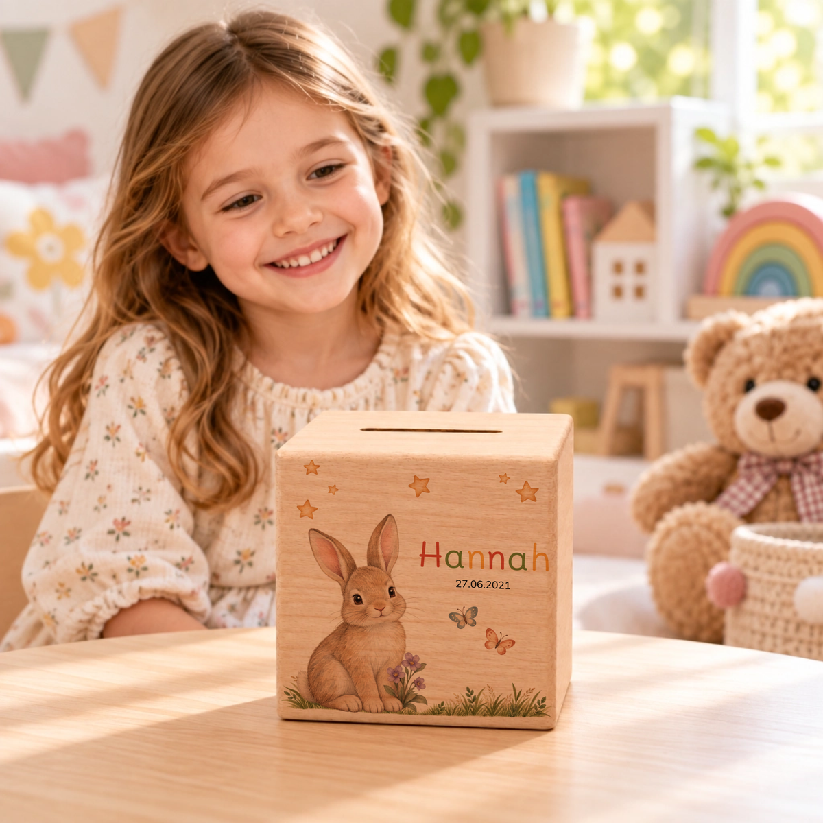 Personalisierte Holzspardose mit Hase, Name & Datum Little Mathilda Little Mathilda Spardose