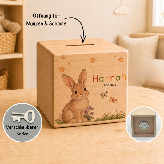 Personalisierte Holzspardose mit Hase, Name & Datum Little Mathilda Little Mathilda Spardose