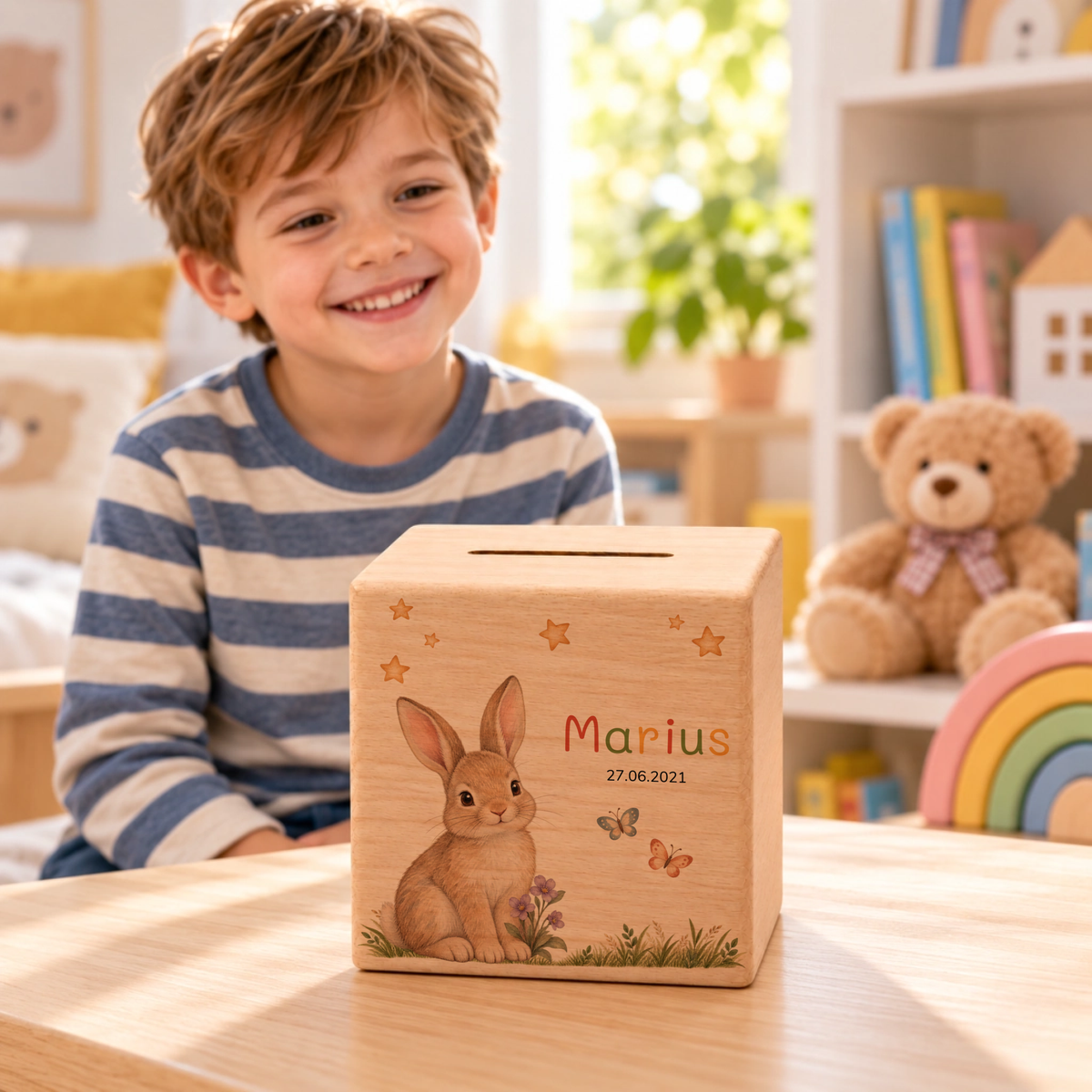 Personalisierte Holzspardose mit Hase, Name & Datum Little Mathilda Little Mathilda Spardose