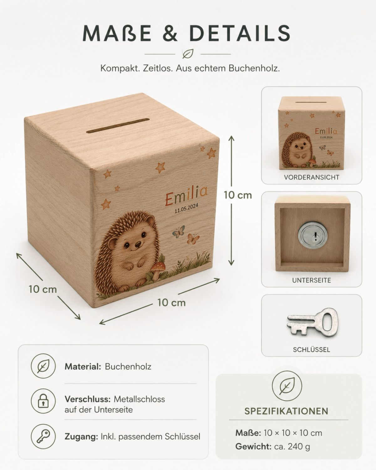 Personalisierte Holzspardose mit Igel, Name & Datum Little Mathilda Little Mathilda Spardose