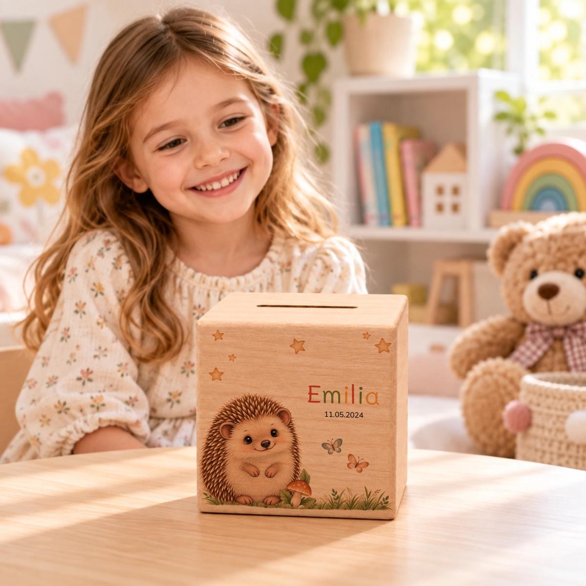 Personalisierte Holzspardose mit Igel, Name & Datum Little Mathilda Little Mathilda Spardose