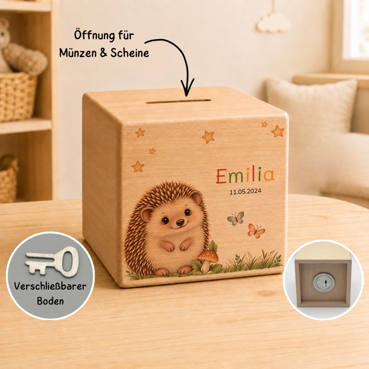 Personalisierte Holzspardose mit Igel, Name & Datum Little Mathilda Little Mathilda Spardose