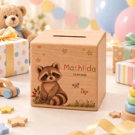 Personalisierte Holzspardose mit Waschbär, Name & Datum Little Mathilda Little Mathilda Spardose