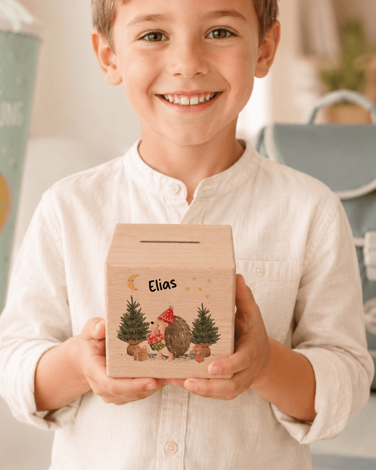 Personalisierte Holzspardose zu Weihnachten mit Name und Igel Little Mathilda Little Mathilda Spardose