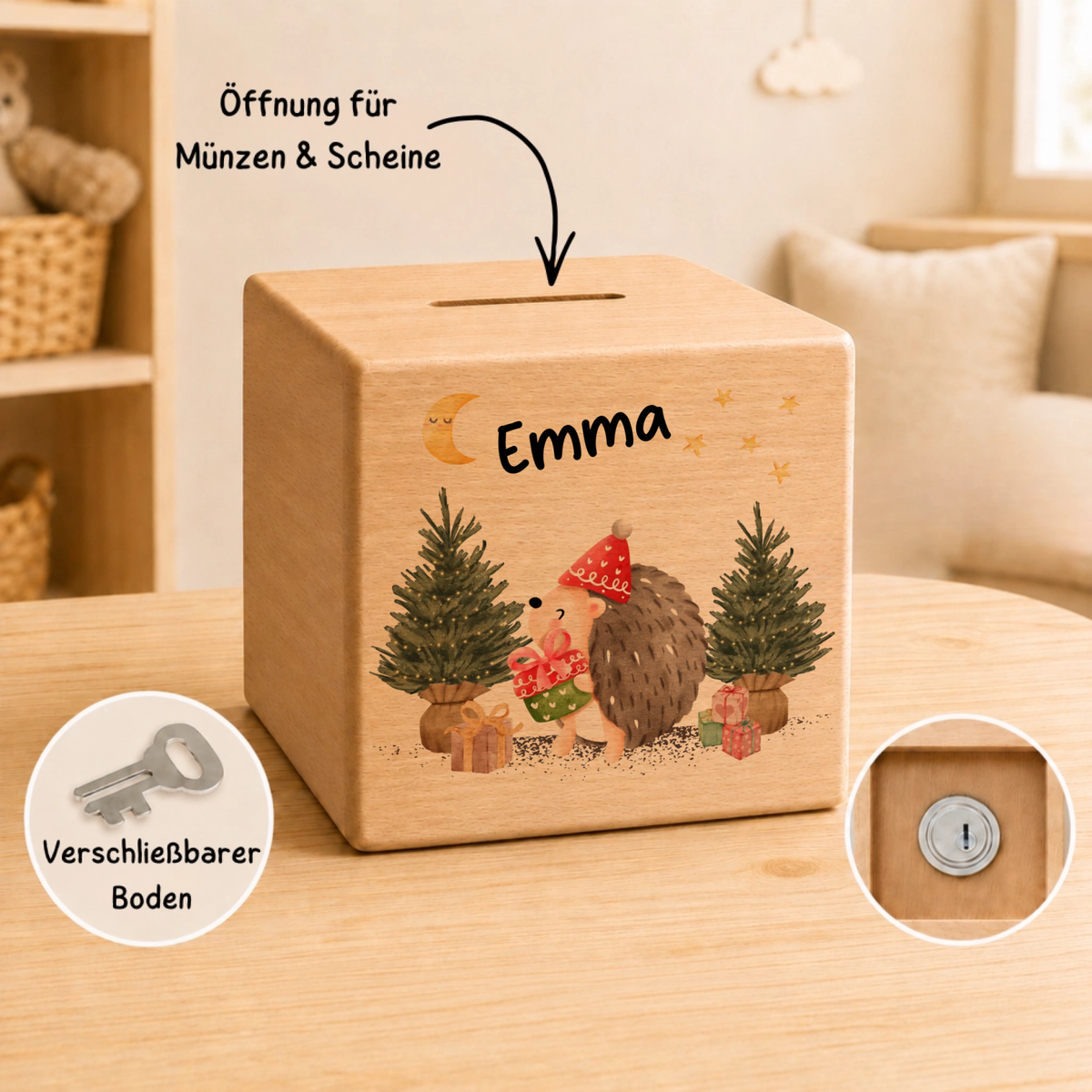 Personalisierte Holzspardose zu Weihnachten mit Name und Igel Little Mathilda Little Mathilda Spardose