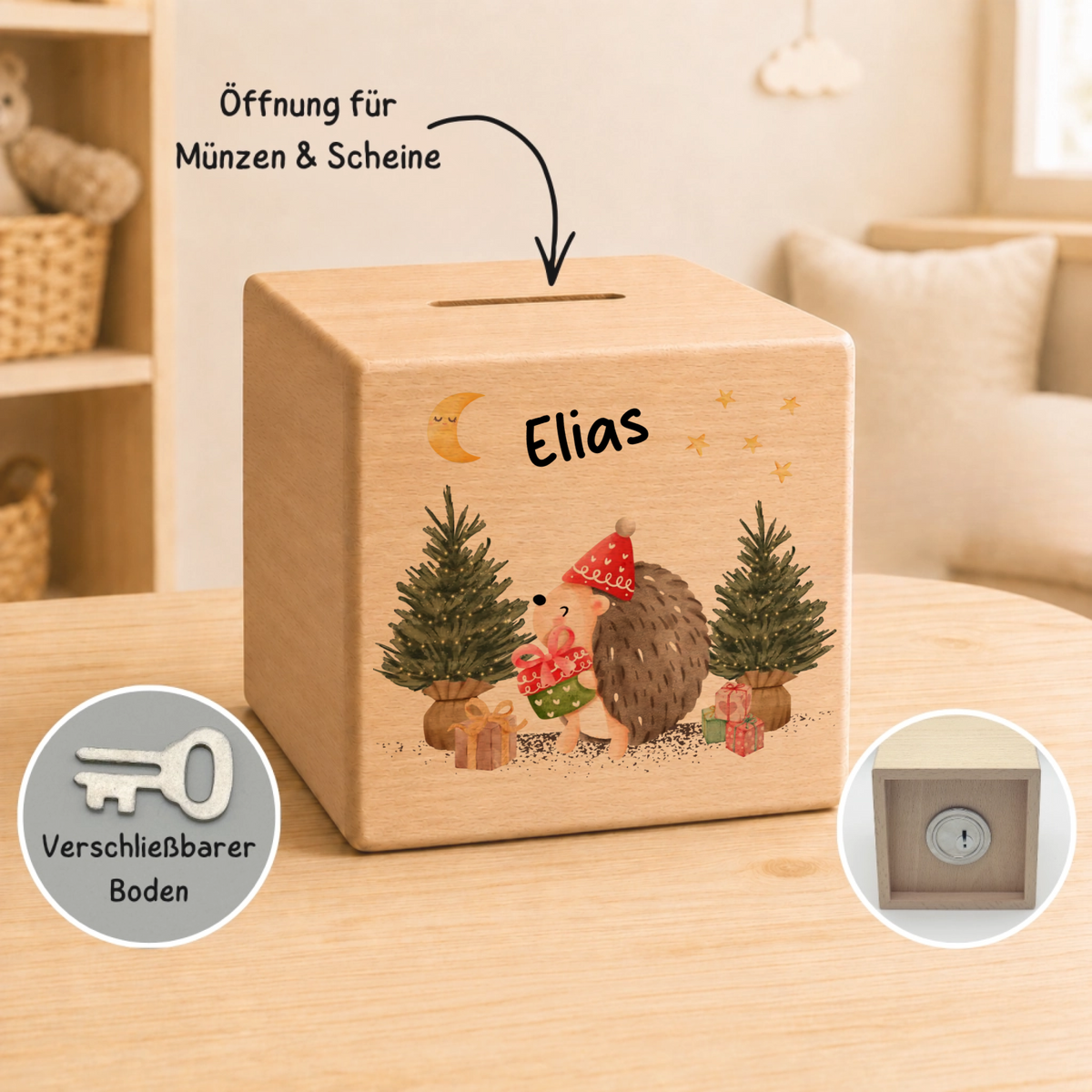 Personalisierte Holzspardose zu Weihnachten mit Name und Igel Little Mathilda Little Mathilda Spardose