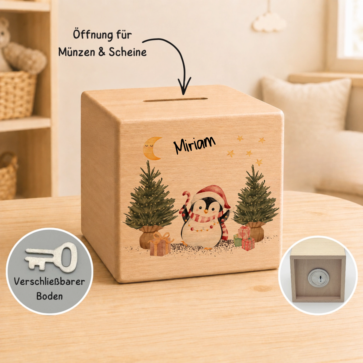 Personalisierte Holzspardose zu Weihnachten mit Name und Pinguin Little Mathilda Little Mathilda Spardose