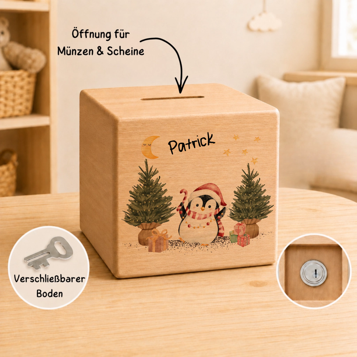 Personalisierte Holzspardose zu Weihnachten mit Name und Pinguin Little Mathilda Little Mathilda Spardose