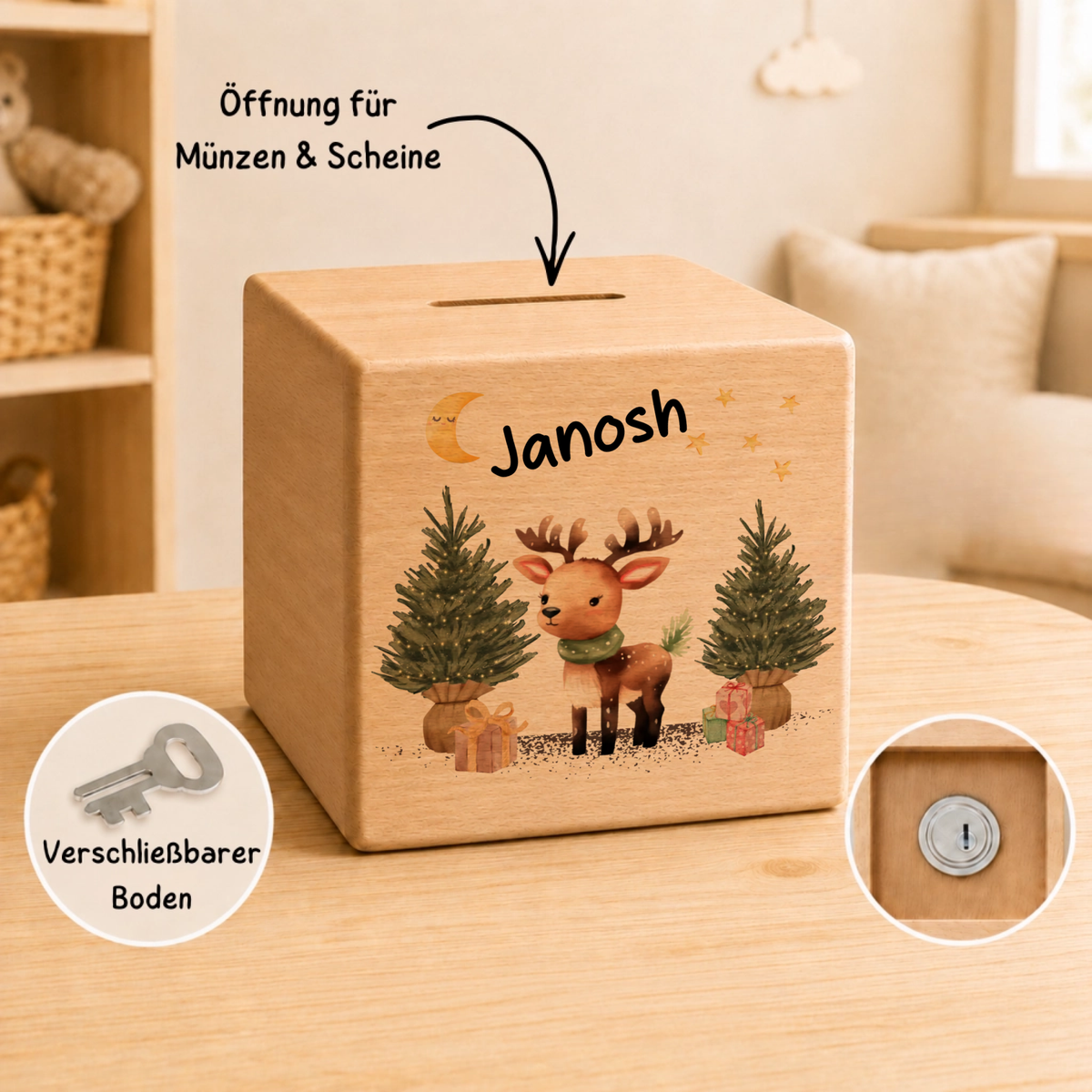 Personalisierte Holzspardose zu Weihnachten mit Name und Rentier Little Mathilda Little Mathilda Spardose