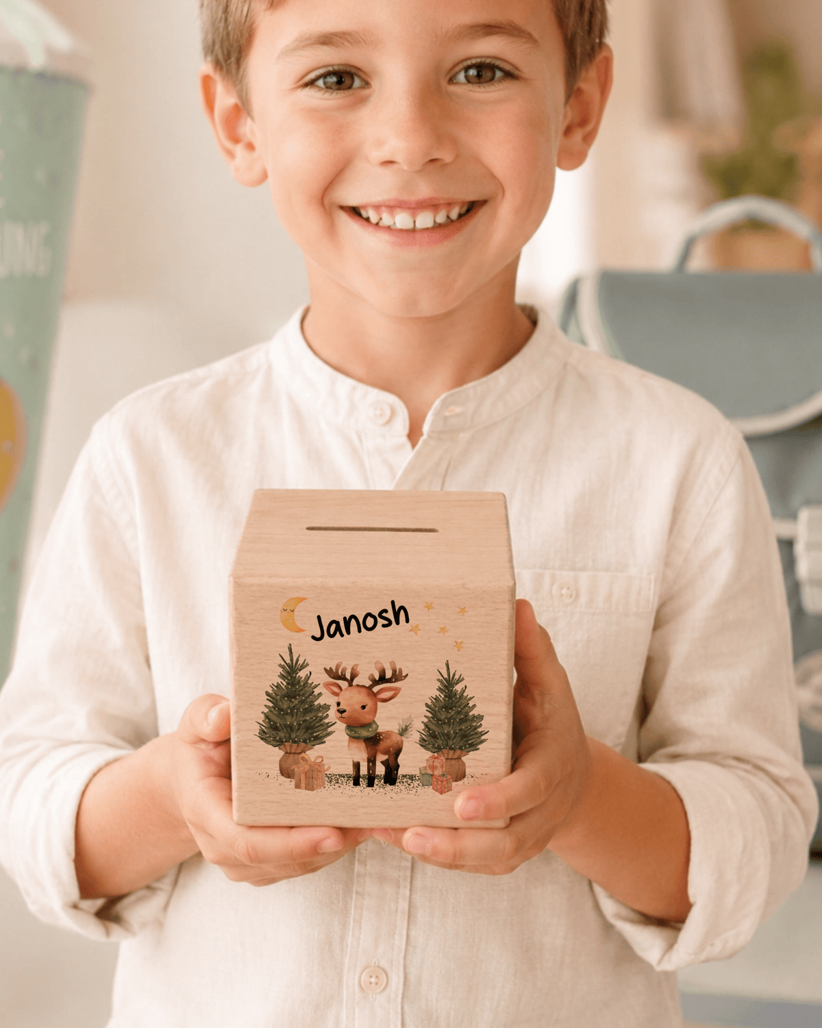 Personalisierte Holzspardose zu Weihnachten mit Name und Rentier Little Mathilda Little Mathilda Spardose