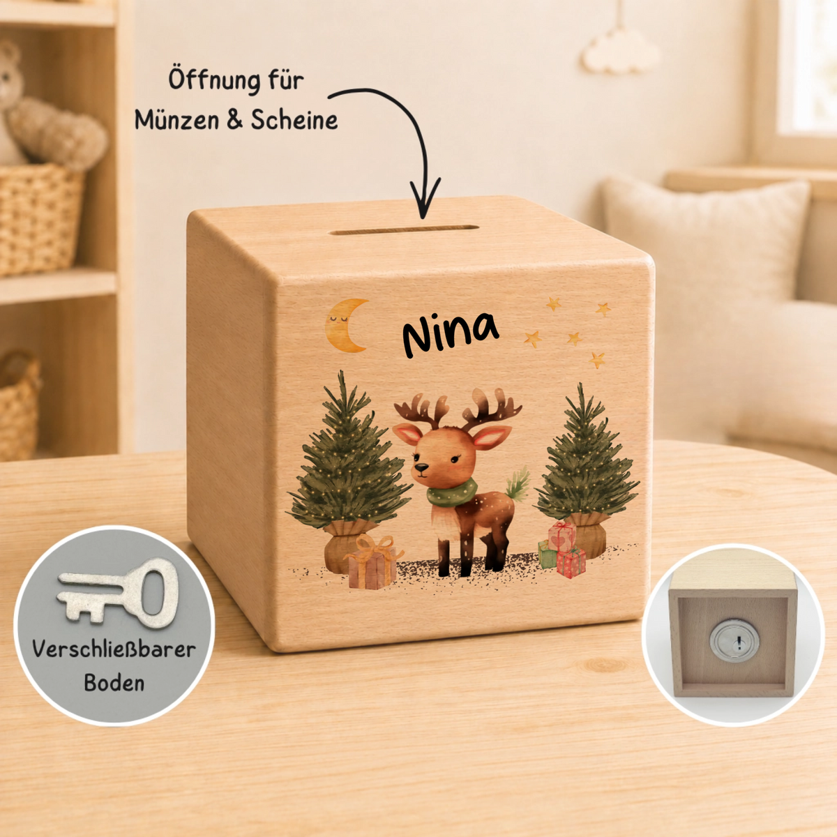 Personalisierte Holzspardose zu Weihnachten mit Name und Rentier Little Mathilda Little Mathilda Spardose