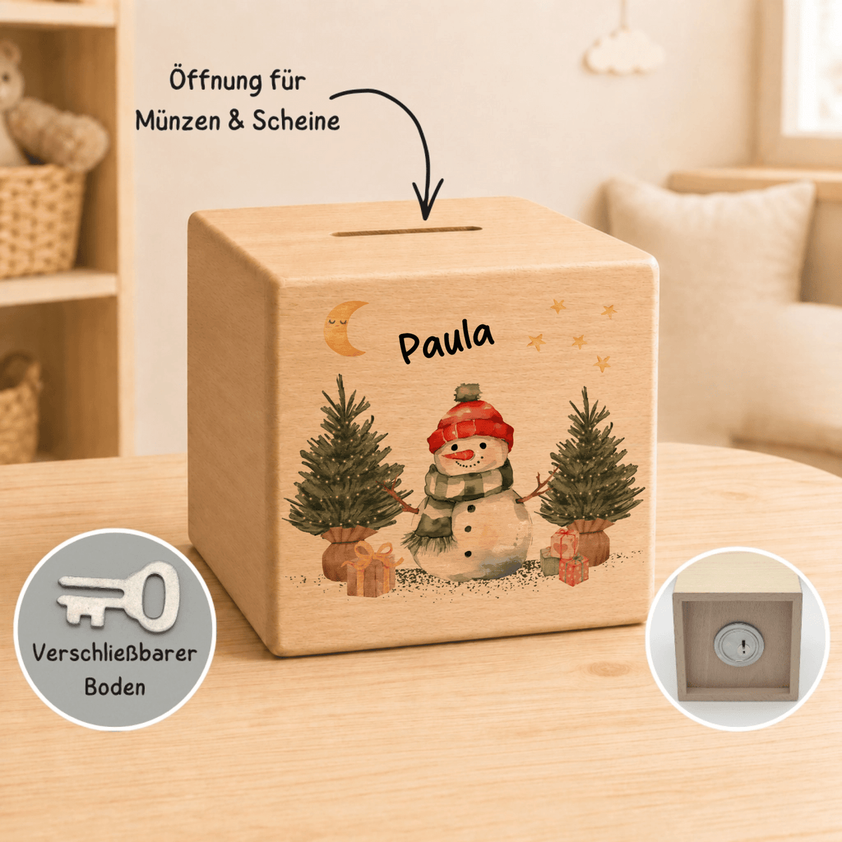 Personalisierte Holzspardose zu Weihnachten mit Name und Schneemann Little Mathilda Little Mathilda Spardose