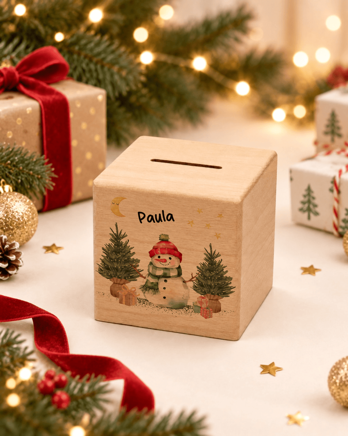 Personalisierte Holzspardose zu Weihnachten mit Name und Schneemann Little Mathilda Little Mathilda Spardose