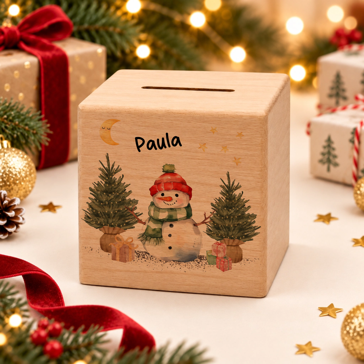 Personalisierte Holzspardose zu Weihnachten mit Name und Schneemann Little Mathilda Little Mathilda Spardose