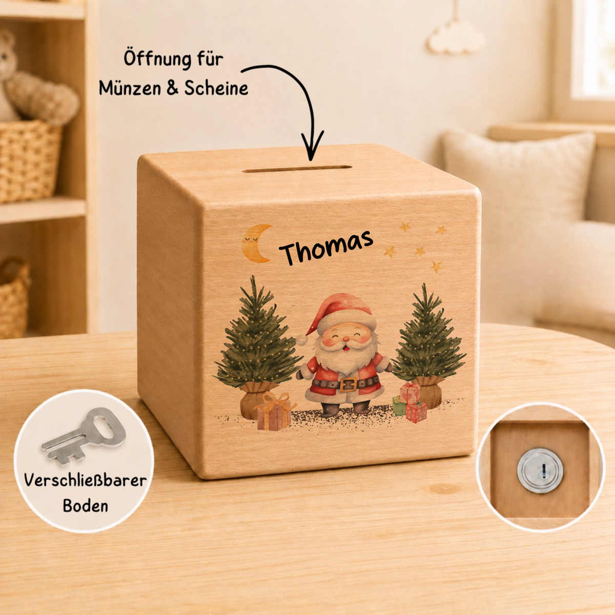 Personalisierte Holzspardose zu Weihnachten mit Name und Weihnachtsmann Little Mathilda Little Mathilda Spardose