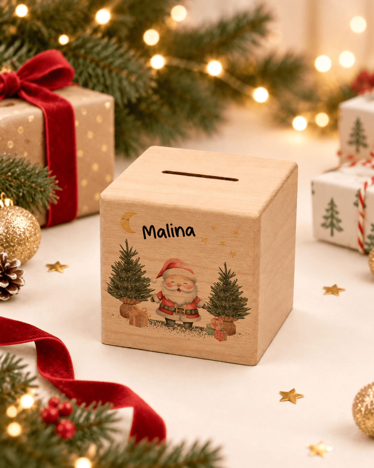 Personalisierte Holzspardose zu Weihnachten mit Name und Weihnachtsmann Little Mathilda Little Mathilda Spardose