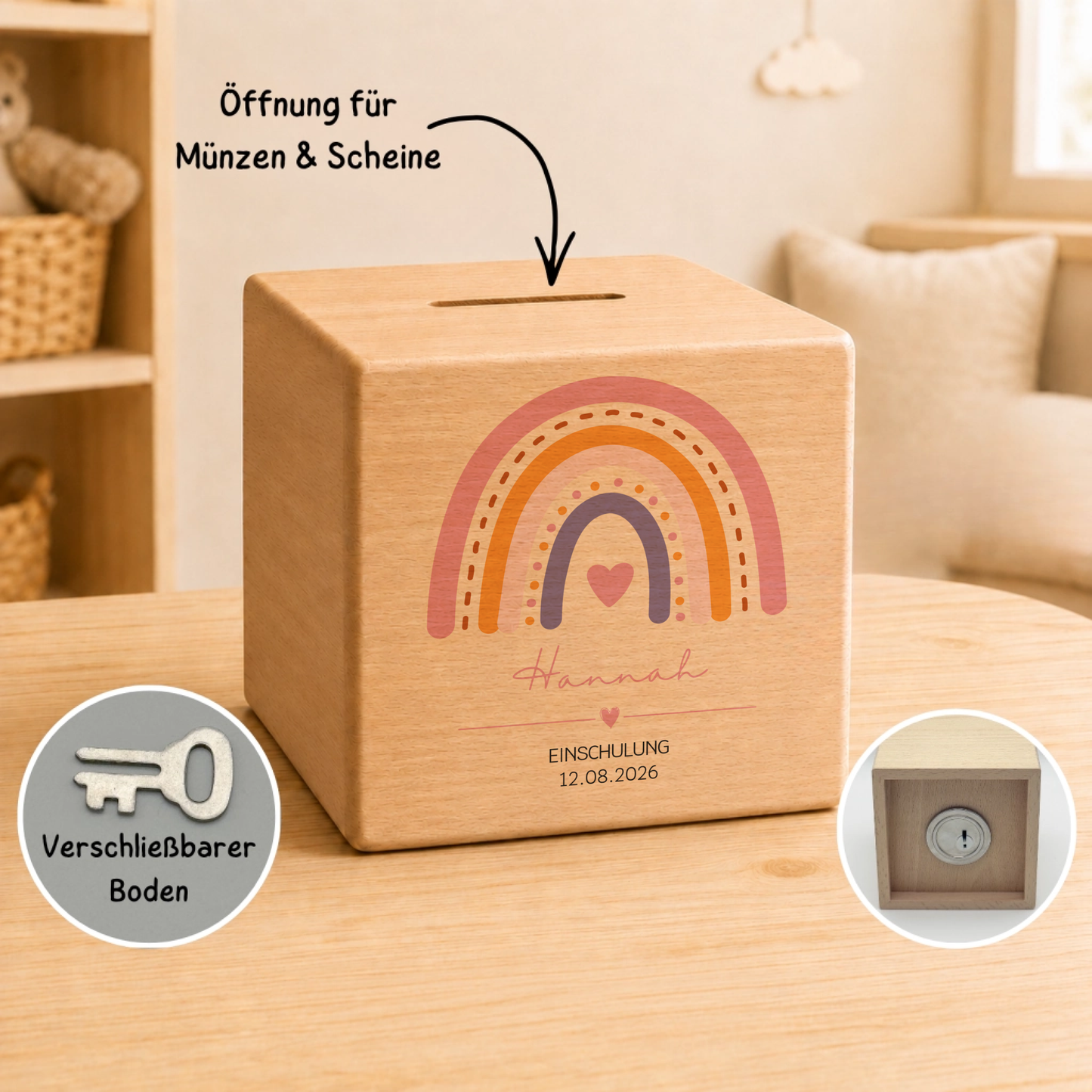 Personalisierte Holzspardose zur Einschulung mit Regenbogen, Name & Datum Little Mathilda Little Mathilda Spardose
