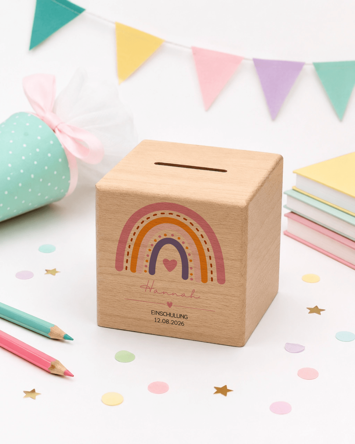 Personalisierte Holzspardose zur Einschulung mit Regenbogen, Name & Datum Little Mathilda Little Mathilda Spardose