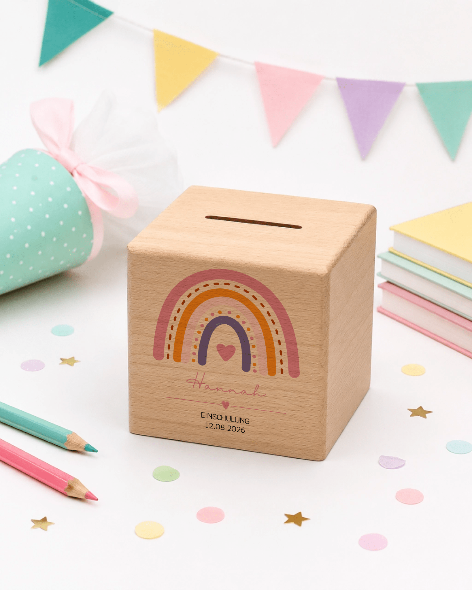 Personalisierte Holzspardose zur Einschulung mit Regenbogen, Name & Datum Little Mathilda Little Mathilda Spardose