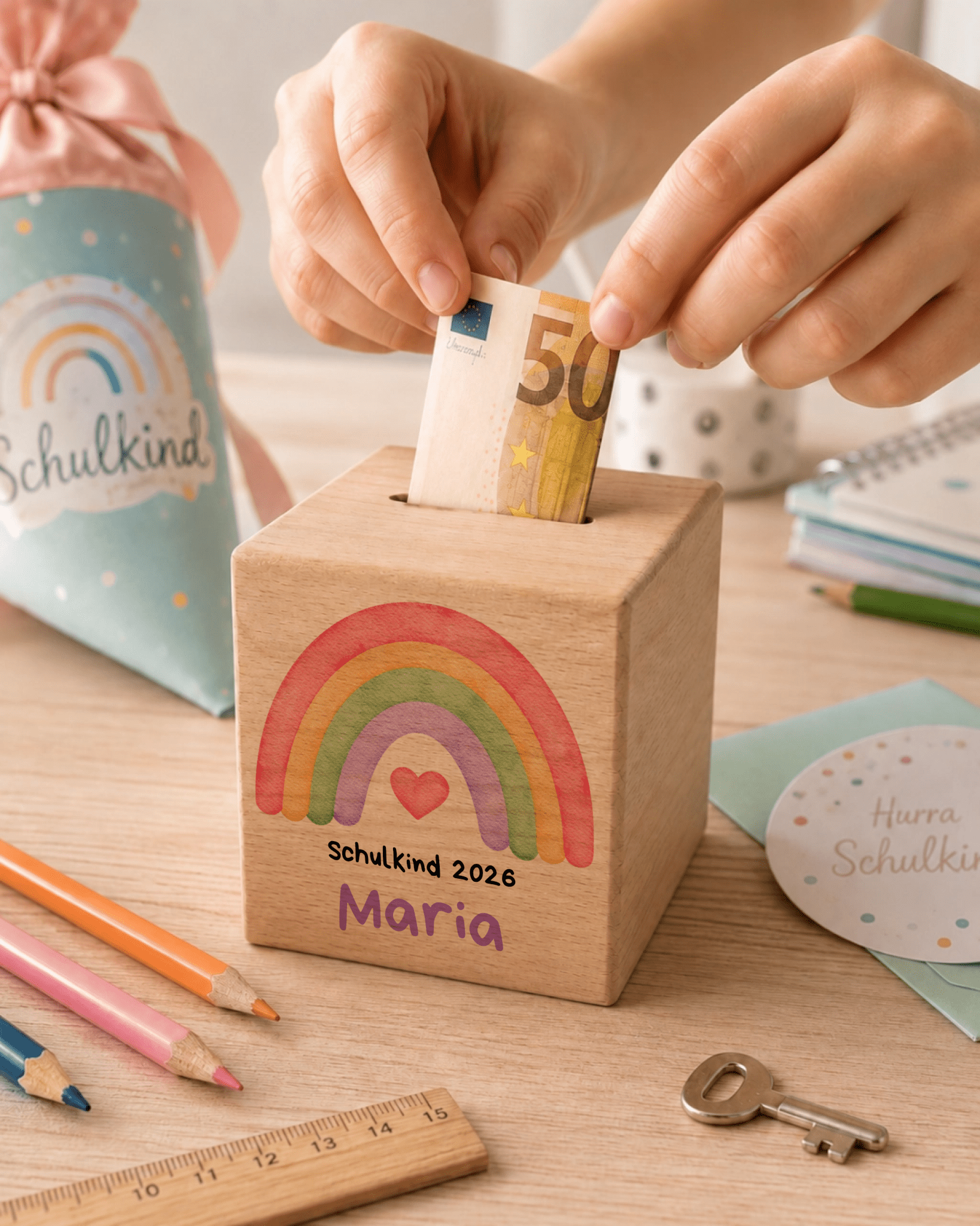 Personalisierte Holzspardose zur Einschulung „Schulkind 2026“ mit Name Little Mathilda Little Mathilda Spardose