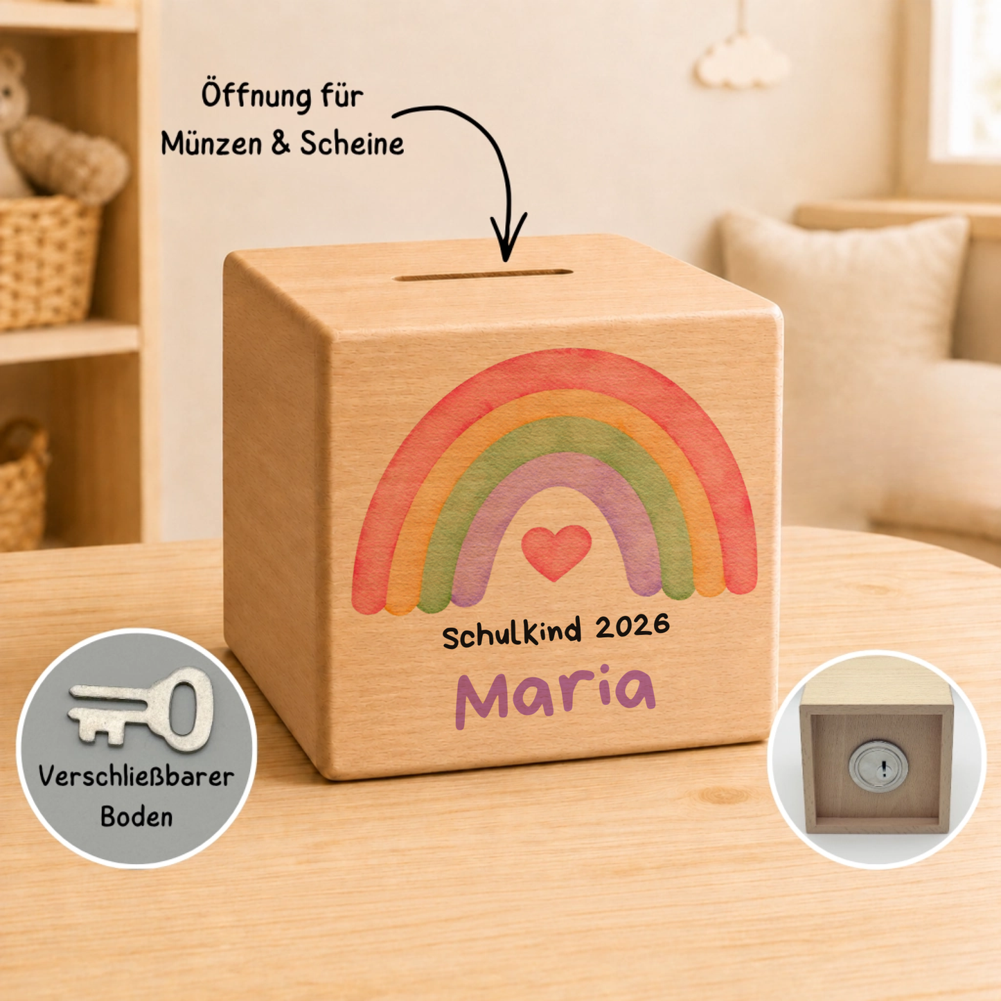 Personalisierte Holzspardose zur Einschulung „Schulkind 2026“ mit Name Little Mathilda Little Mathilda Spardose